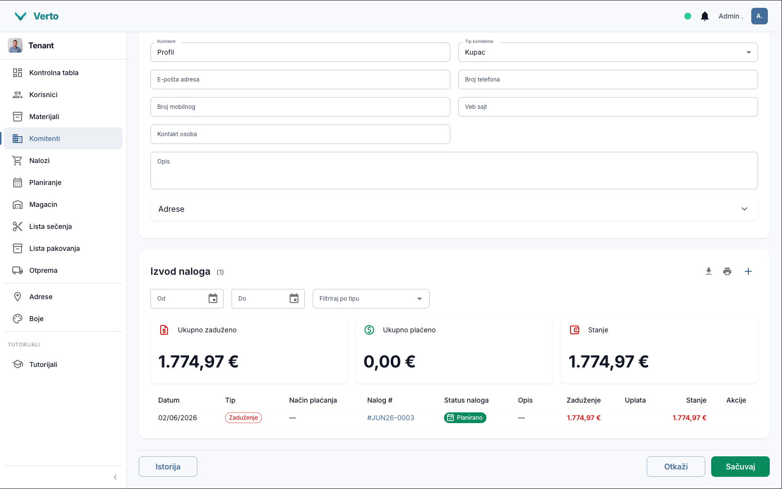 Verto — izvod i saldo po kupcu