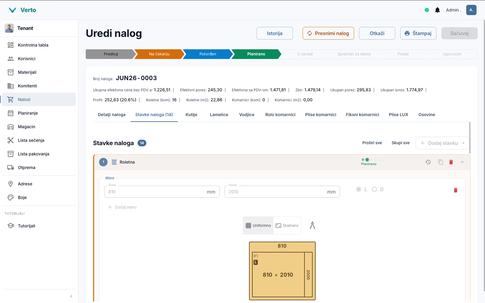 Verto — kreiranje naloga i automatska kalkulacija cene